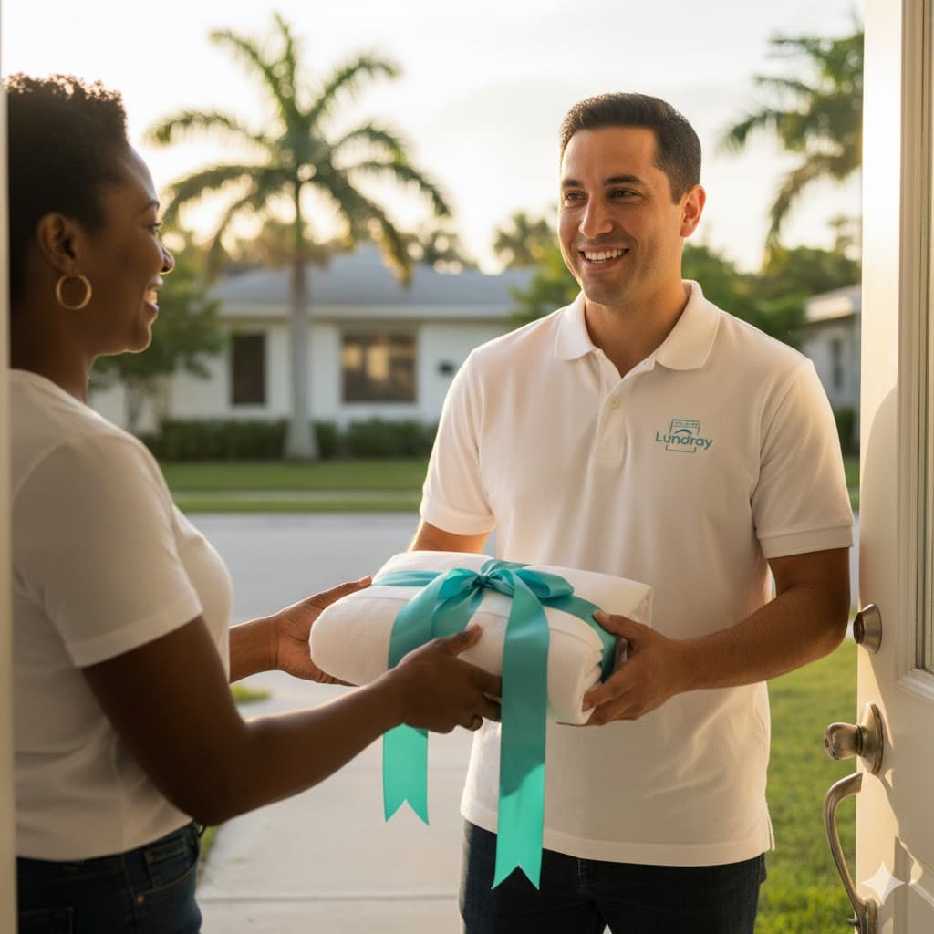 Lundray driver delivering fresh laundry